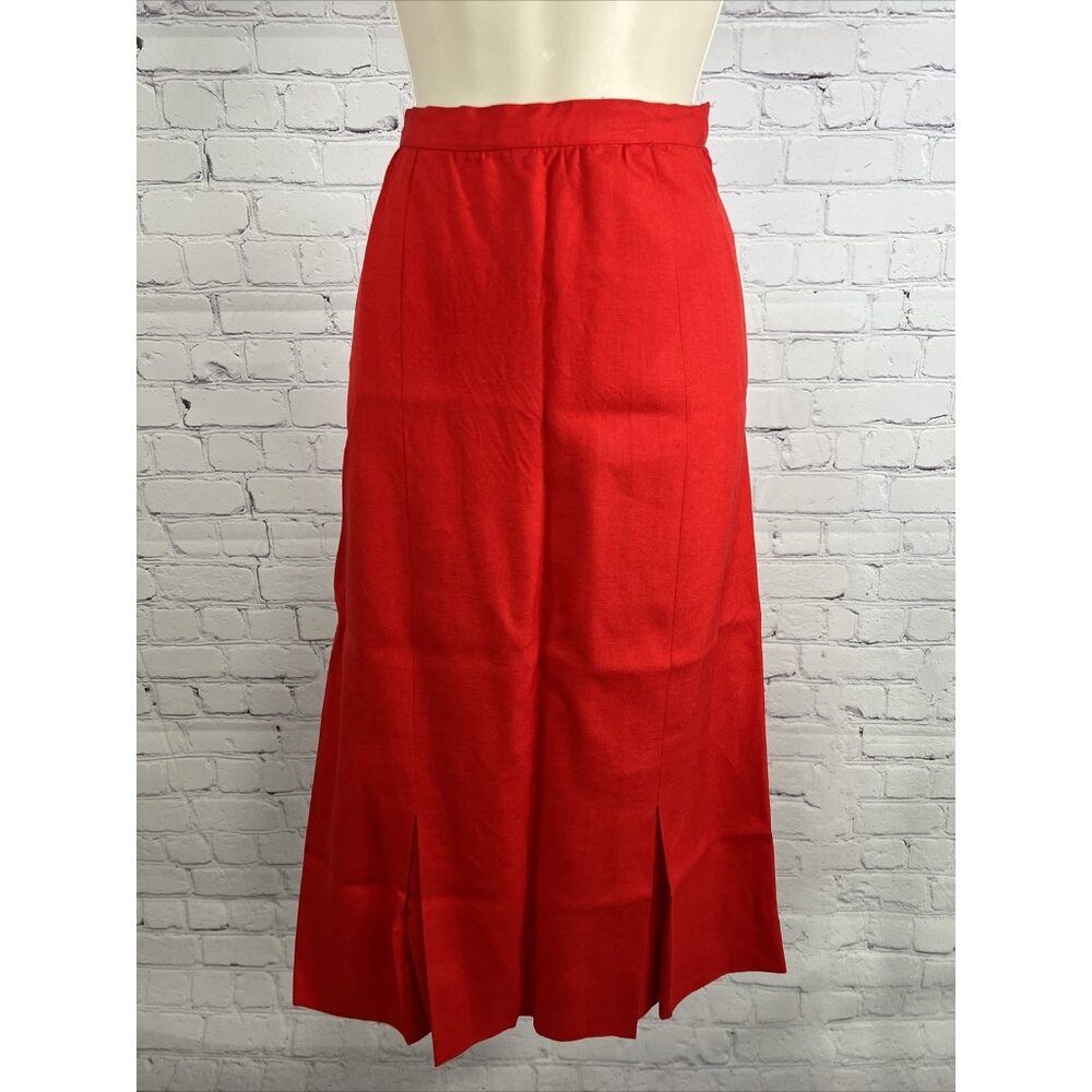 Vintage Adele Simpson Candy Apple Red Linen Blend High Waist Pleated Long Skirt